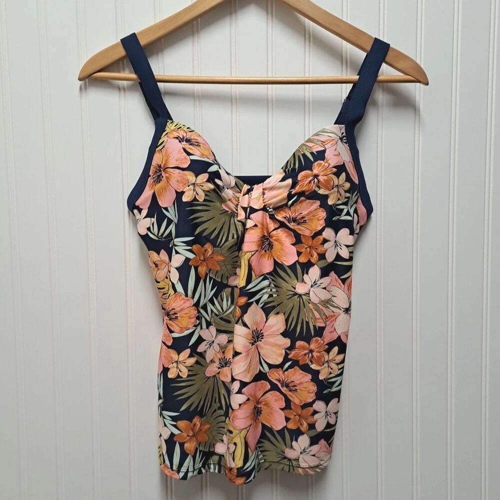 Heat Tankini Swim Top Womens Small S Navy Coral Tropical Floral Padded Underwire